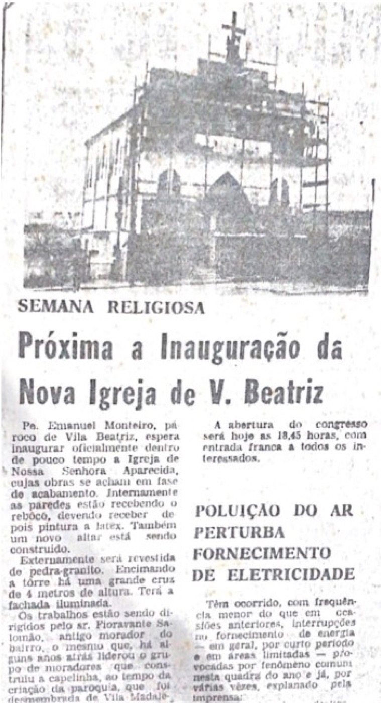 Registro histórico da construção da igreja de Vila Beatriz
