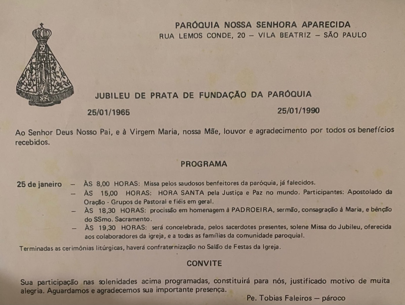 Convite do Jubileu de Prata da paróquia em 1990